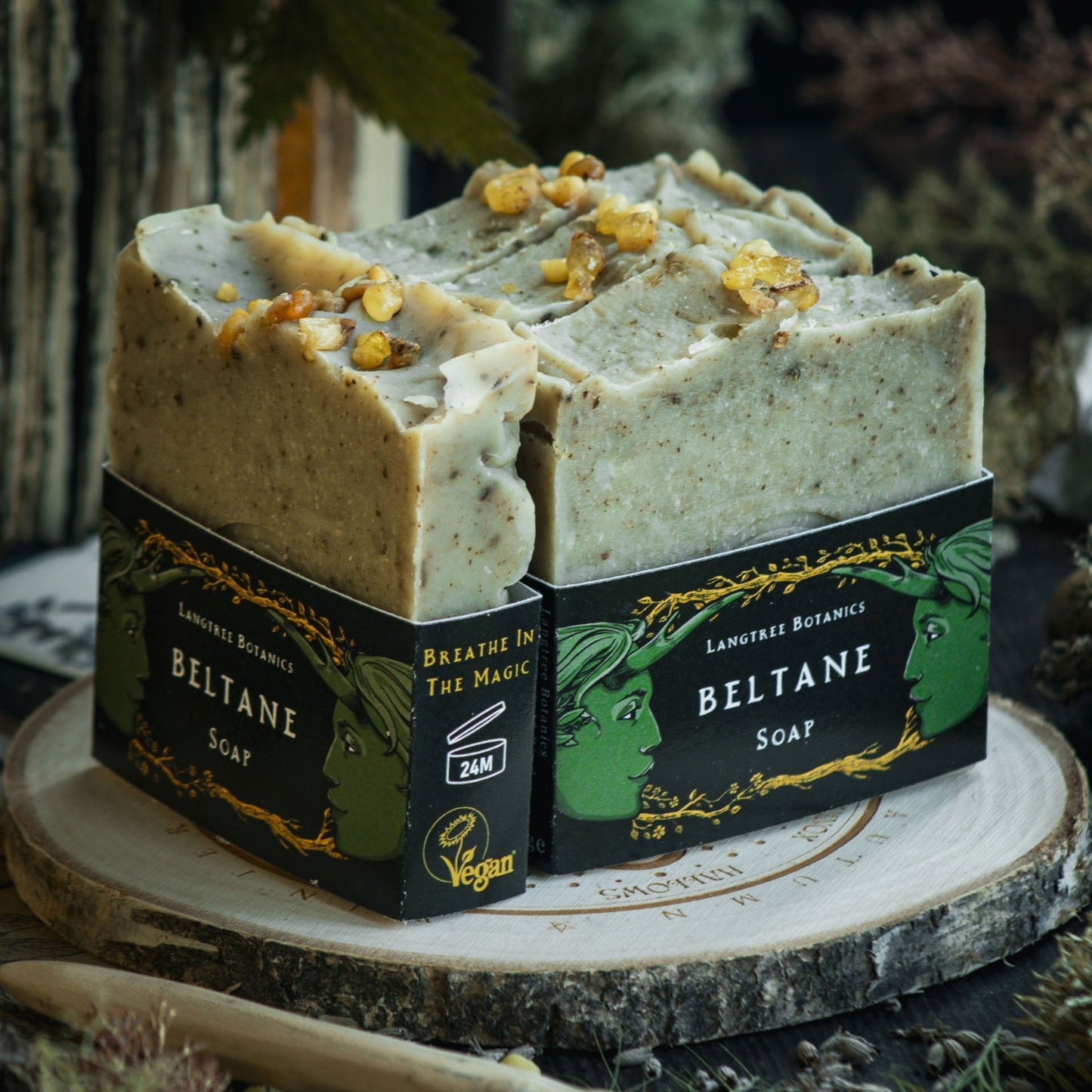 Langtree Botanics natural Beltane soap bars surrounded by seasonal foliage to celebrate Mayday festivities