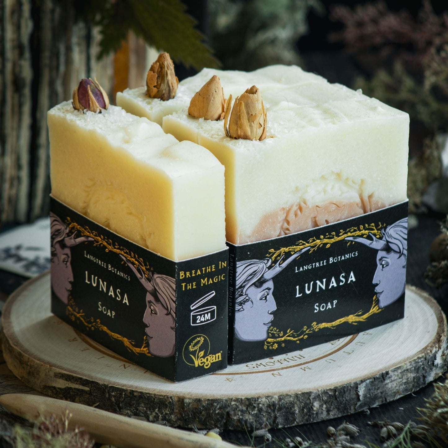 Langtree Botanics natural Lunasa fragranced soap bars surrounded by seasonal foliage celebrating Lugnasadh