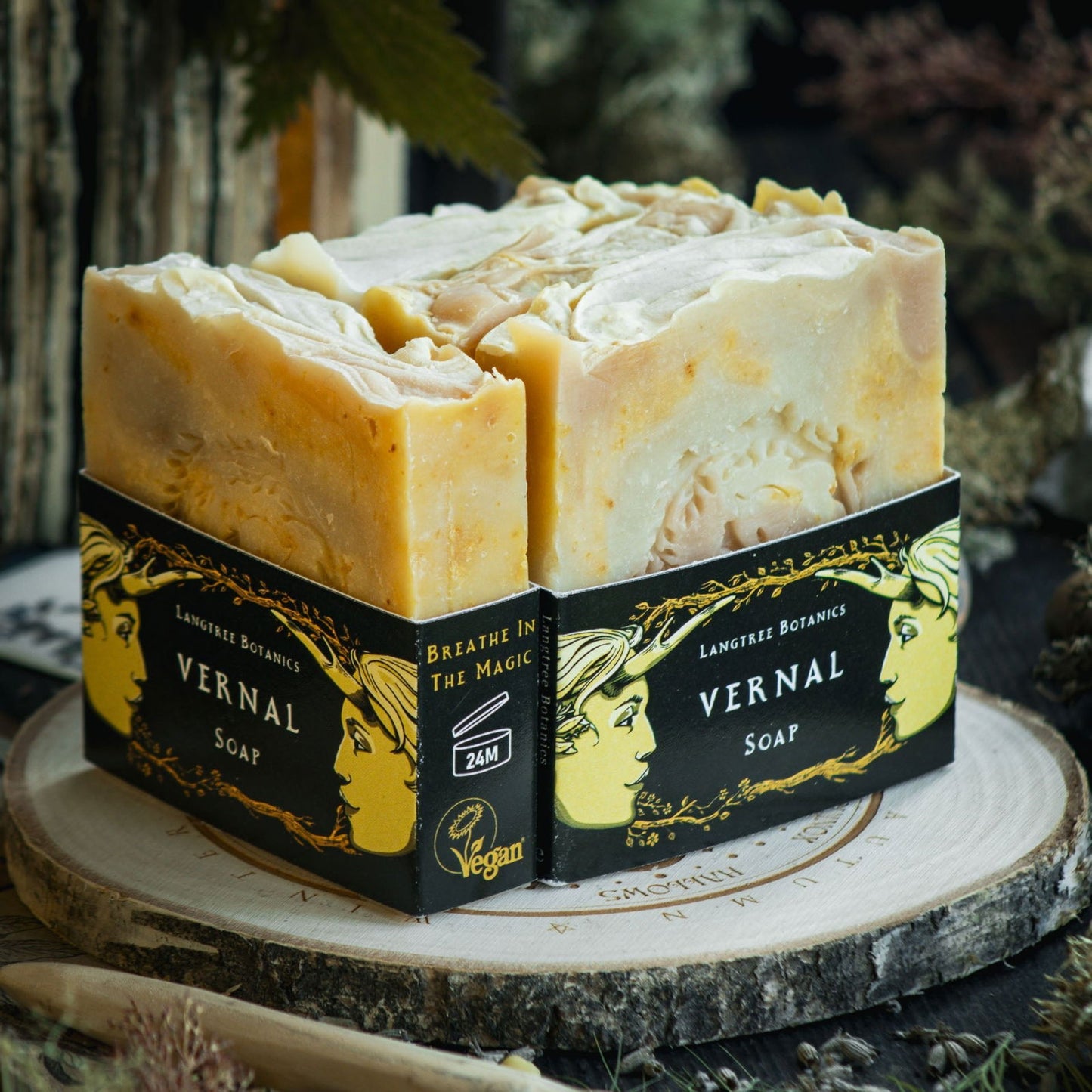 Langtree Botanics natural Vernal soap bars surrounded by seasonal foliage to celebrate the spring equinox and Ostara