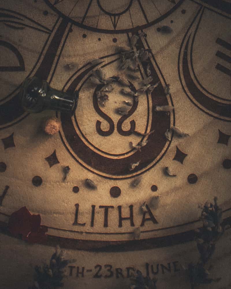 A closeup of the Wheel of the year focussing on the celebrations of Litha