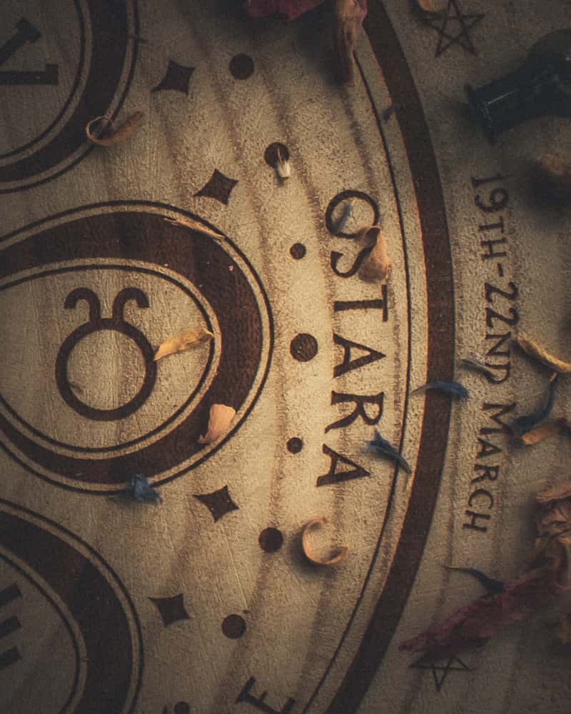 A closeup of the Wheel of the year focussing on the celebrations of Ostara