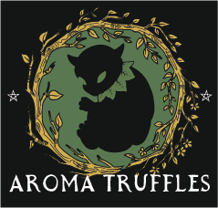 A black silhouette of a cat with a leaf collar, encircled by a golden vine with leaves and stars, on a dark green background. The text "AROMA TRUFFLES" is below the design.