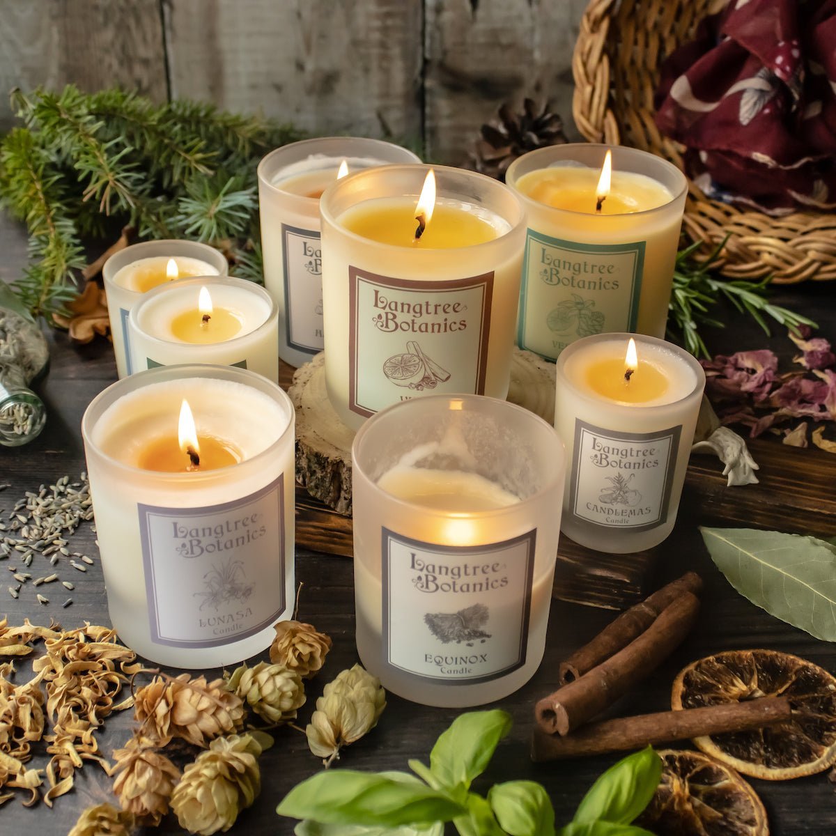 A variety of lit candles in frosted glass jars labeled "Langtree Botanics" are surrounded by dried flowers, cinnamon sticks, and greenery on a wooden table, creating a cozy and natural atmosphere.