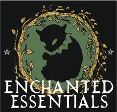 A silhouette of a cat sits inside a leafy circle with stars on either side. Below, the text "ENCHANTED ESSENTIALS" is displayed in large white letters on a black background.