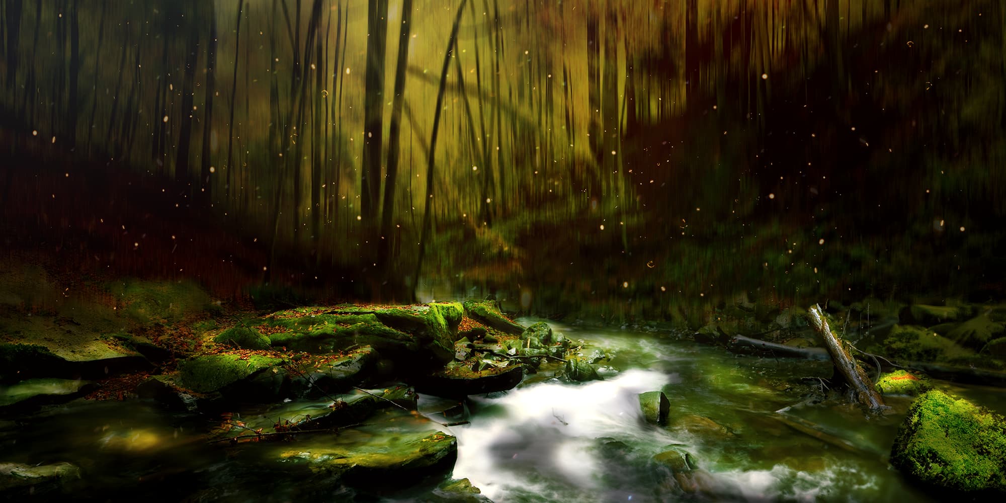 A serene forest stream painting, showcasing the beauty of nature's tranquility. Magic flickers in the twilight glow