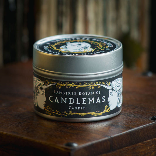 Tin with a lid to one side reveals small wax leaves embedded into the Candlemas rapeseed wax candle from Langtree Botanics