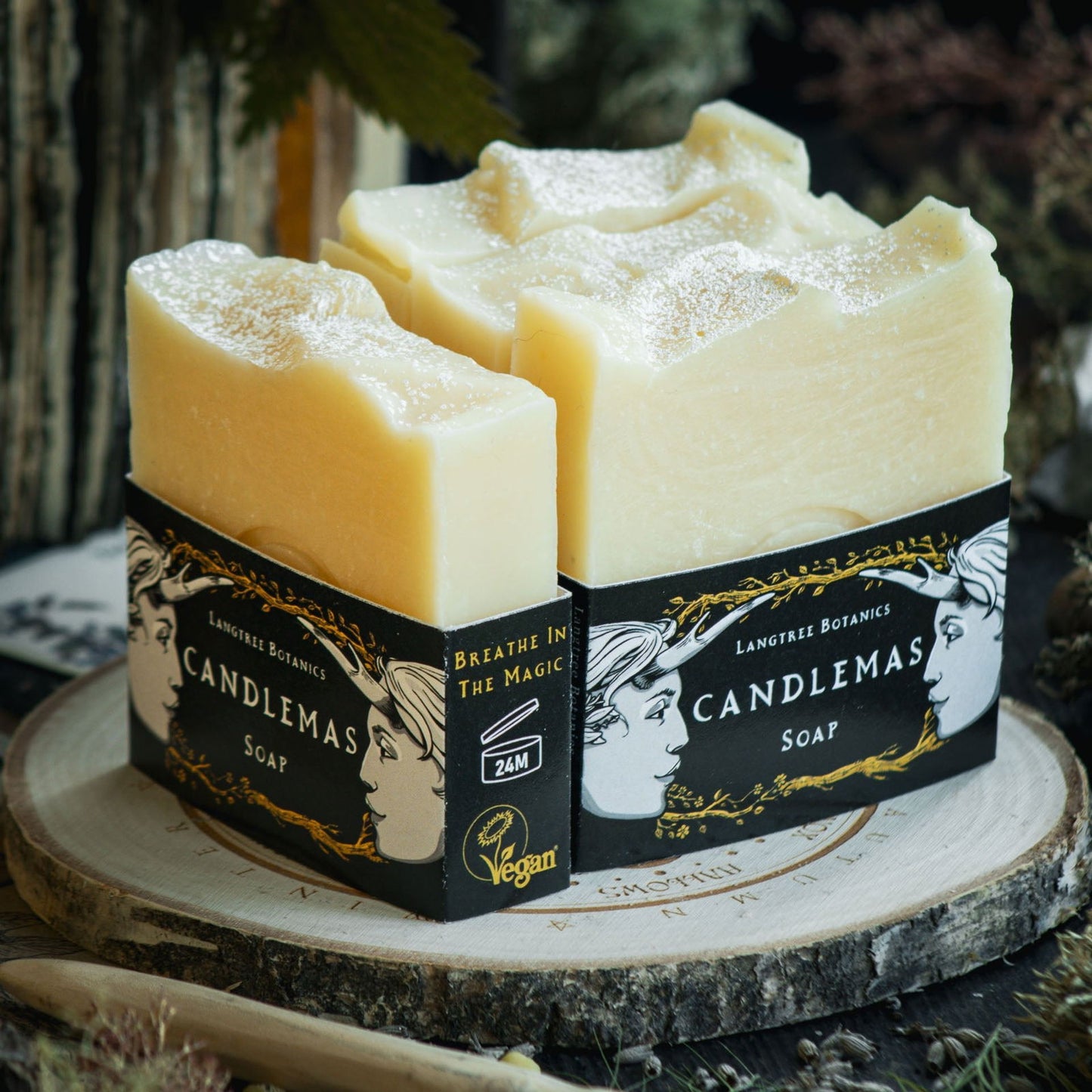 Langtree Botanics natural Candlemas fragranced soap bars surrounded by seasonal foliage celebrating Imbolc