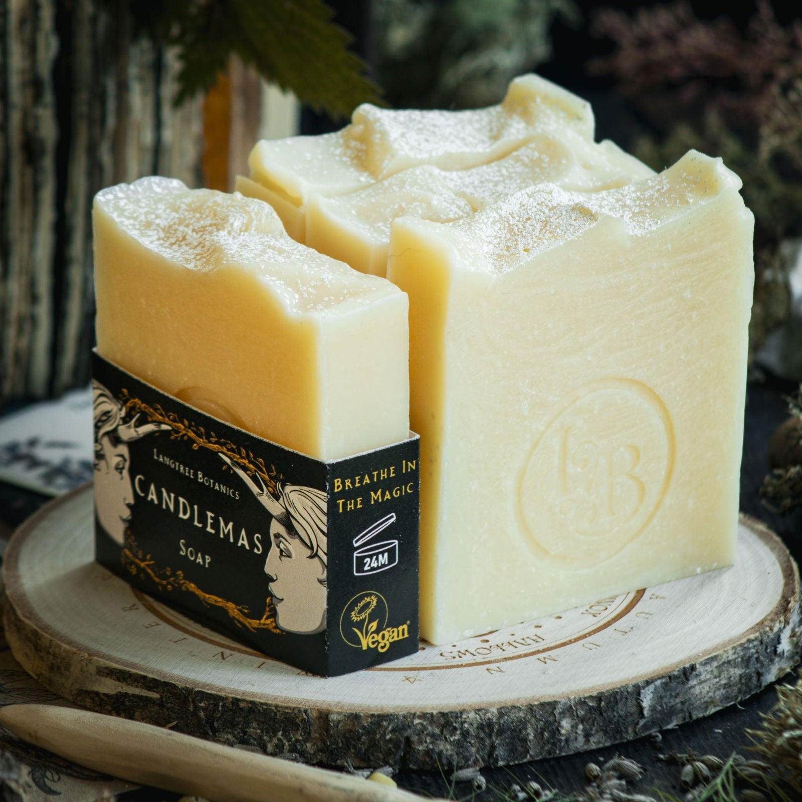 Langtree Botanics natural Candlemas fragranced soap bars surrounded by seasonal foliage celebrating Imbolc