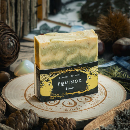 A bar of Equinox soap on top of a decorative wheel-of-the-year log slice surrounded by seasonal foliage