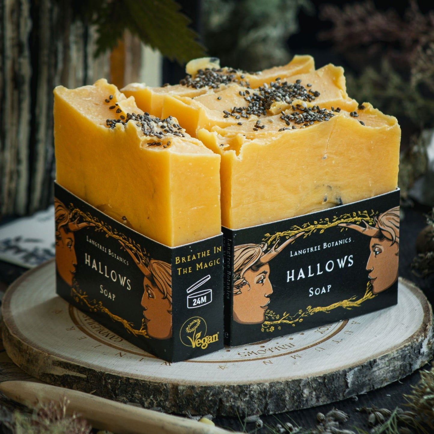 Langtree Botanics bright orange Hallows soap bars surrounded by seasonal foliage celebrating Halloween