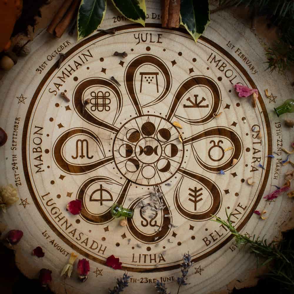 A seasonal wheel of the year celebrating the traditional festivals of the British Isles. The wheel is scattered with natural petals, seeds and foliage signifying the important natural cycle