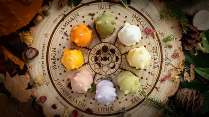 A seasonal wheel of the year celebrating the traditional festivals of the British Isles. The Langtree Botanics seasonal Nature Sprites are positioned on their associated celebration