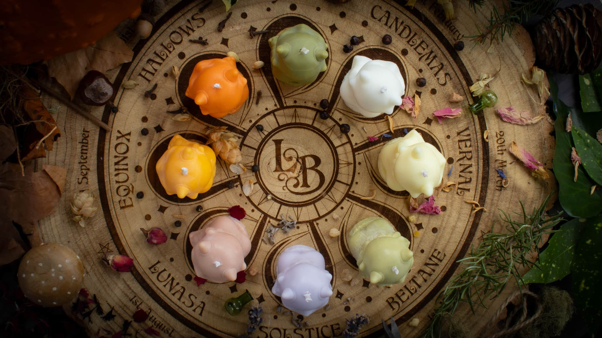 A wooden log slice decorated with colourful candles celebrating the seasonal wheel of the year